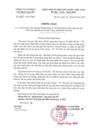 Thông báo Trả lời phản ánh của Quý Khách hàng về việc nhận được nhiều cuộc gọi mời chào mua nhà tại dự án Linh Trung, thành phố Thủ Đức